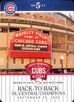 2013 Aunt Millie's Great Moments in Cubs History #5 Back-to-Back NL Central Champions Front