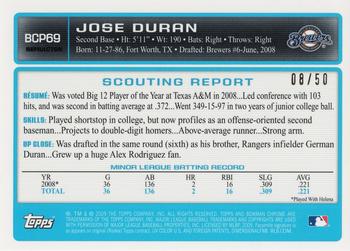 2009 Bowman - Chrome Prospects Gold Refractors #BCP69 Jose Duran Back