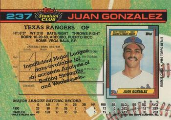 1991 Stadium Club #237 Juan Gonzalez Back
