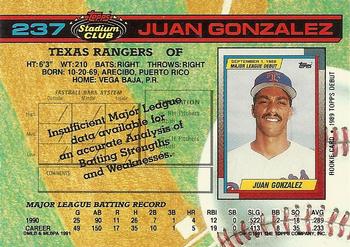 1991 Stadium Club #237 Juan Gonzalez Back