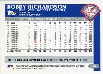 2003 Topps Retired Signature Edition #36 Bobby Richardson Back