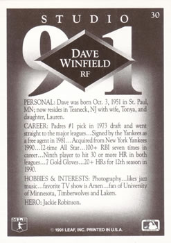1991 Studio #30 Dave Winfield Back