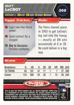 2003 Topps Total #368 Matt LeCroy Back