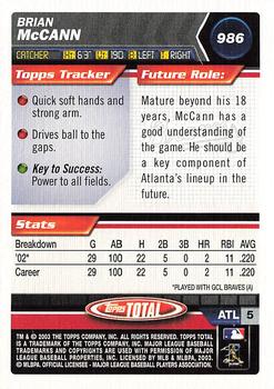 2003 Topps Total #986 Brian McCann Back