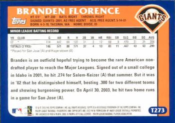 2003 Topps Traded & Rookies #T273 Branden Florence Back