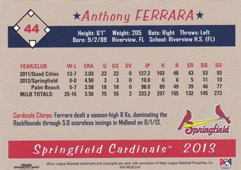 2013 Grandstand Springfield Cardinals SGA #NNO Anthony Ferrara Back