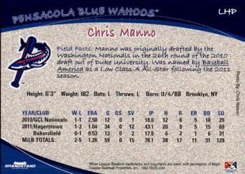 2012 Grandstand Pensacola Blue Wahoos #21 Chris Manno Back