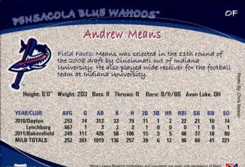 2012 Grandstand Pensacola Blue Wahoos #22 Andrew Means Back