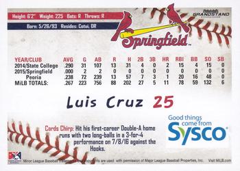 2016 Grandstand Sysco Springfield Cardinals #NNO Luis Cruz Back