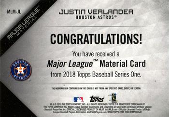 2018 Topps - Major League Material Relics (Series 1) #MLM-JL Justin Verlander Back