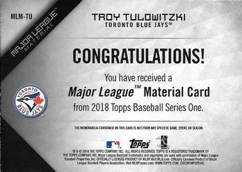 2018 Topps - Major League Material Relics (Series 1) #MLM-TU Troy Tulowitzki Back