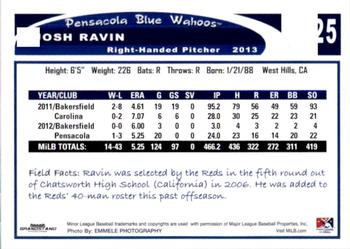 2013 Grandstand Pensacola Blue Wahoos #23 Josh Ravin Back