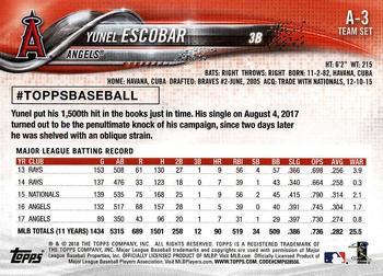 2018 Topps Los Angeles Angels #A-3 Yunel Escobar Back
