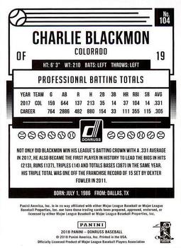 2018 Donruss #104 Charlie Blackmon Back
