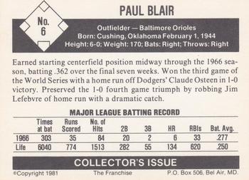 1981 Franchise 1966 Baltimore Orioles #6 Paul Blair Back