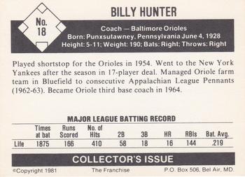 1981 Franchise 1966 Baltimore Orioles #18 Billy Hunter Back