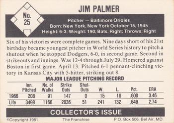 1981 Franchise 1966 Baltimore Orioles #25 Jim Palmer Back