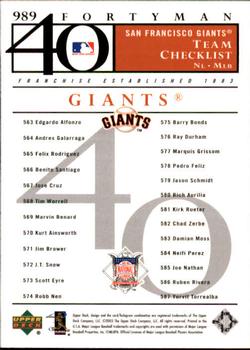 2003 Upper Deck 40-Man #989 San Francisco Giants Back
