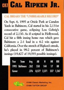 1996 Classic Cal Ripken Jr. Baseball's All-Time Ironman #CR7 Cal Ripken Jr. Back