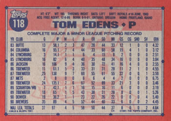 1991 Topps #118 Tom Edens Back