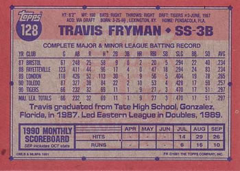 1991 Topps #128 Travis Fryman Back