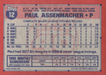 1991 Topps #12 Paul Assenmacher Back