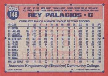 1991 Topps #148 Rey Palacios Back