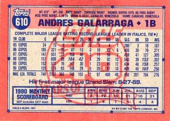 1991 Topps #610 Andres Galarraga Back