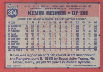 1991 Topps #304 Kevin Reimer Back