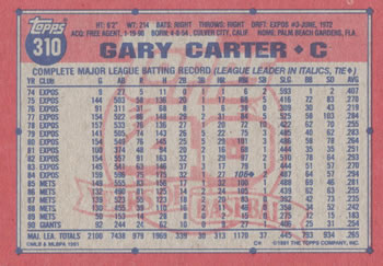 1991 Topps #310 Gary Carter Back
