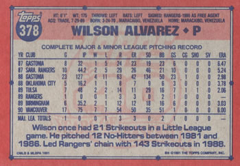 1991 Topps #378 Wilson Alvarez Back