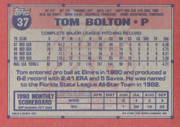 1991 Topps #37 Tom Bolton Back