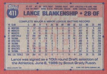 1991 Topps #411 Lance Blankenship Back