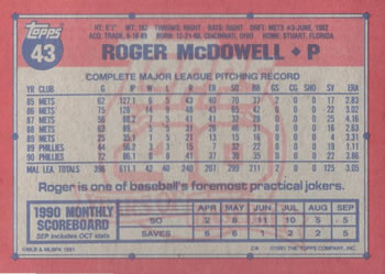 1991 Topps #43 Roger McDowell Back