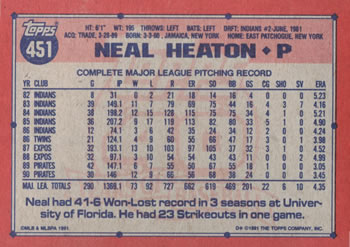 1991 Topps #451 Neal Heaton Back