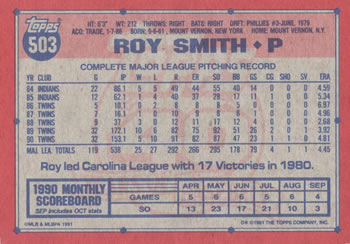 1991 Topps #503 Roy Smith Back