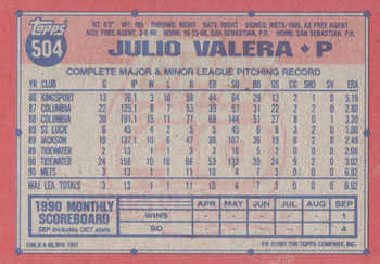 1991 Topps #504 Julio Valera Back