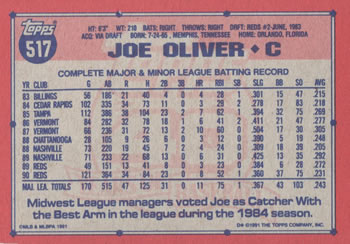 1991 Topps #517 Joe Oliver Back