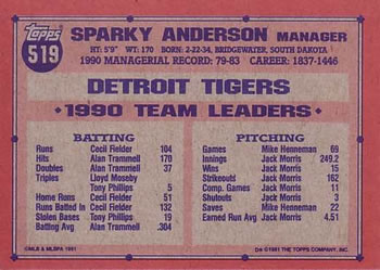 1991 Topps #519 Sparky Anderson Back