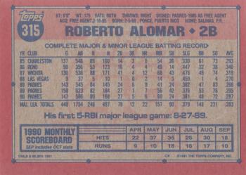 1991 Topps #315 Roberto Alomar Back