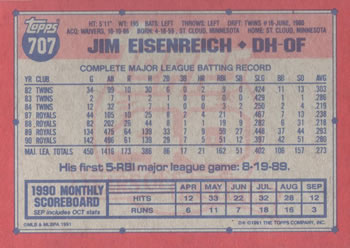 1991 Topps #707 Jim Eisenreich Back