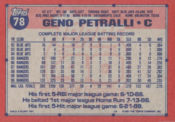1991 Topps #78 Geno Petralli Back