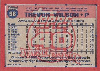 1991 Topps #96 Trevor Wilson Back