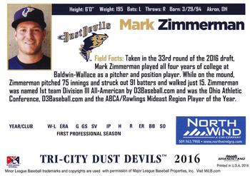 2016 Grandstand Tri-City Dust Devils #NNO Mark Zimmerman Back