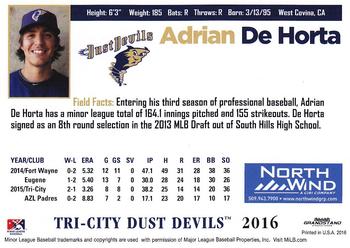2016 Grandstand Tri-City Dust Devils #NNO Adrian De Horta Back