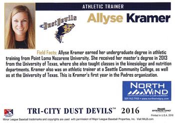 2016 Grandstand Tri-City Dust Devils #NNO Allyse Kramer Back