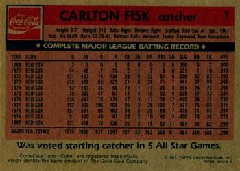 1981 Topps Coca-Cola Boston Red Sox Promo #1 Carlton Fisk Back