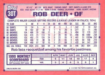 1991 Topps Traded #30T Rob Deer Back