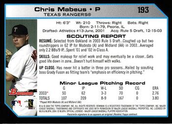 2004 Bowman #193 Chris Mabeus Back