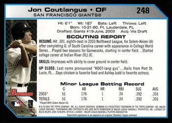 2004 Bowman #248 Jon Coutlangus Back
